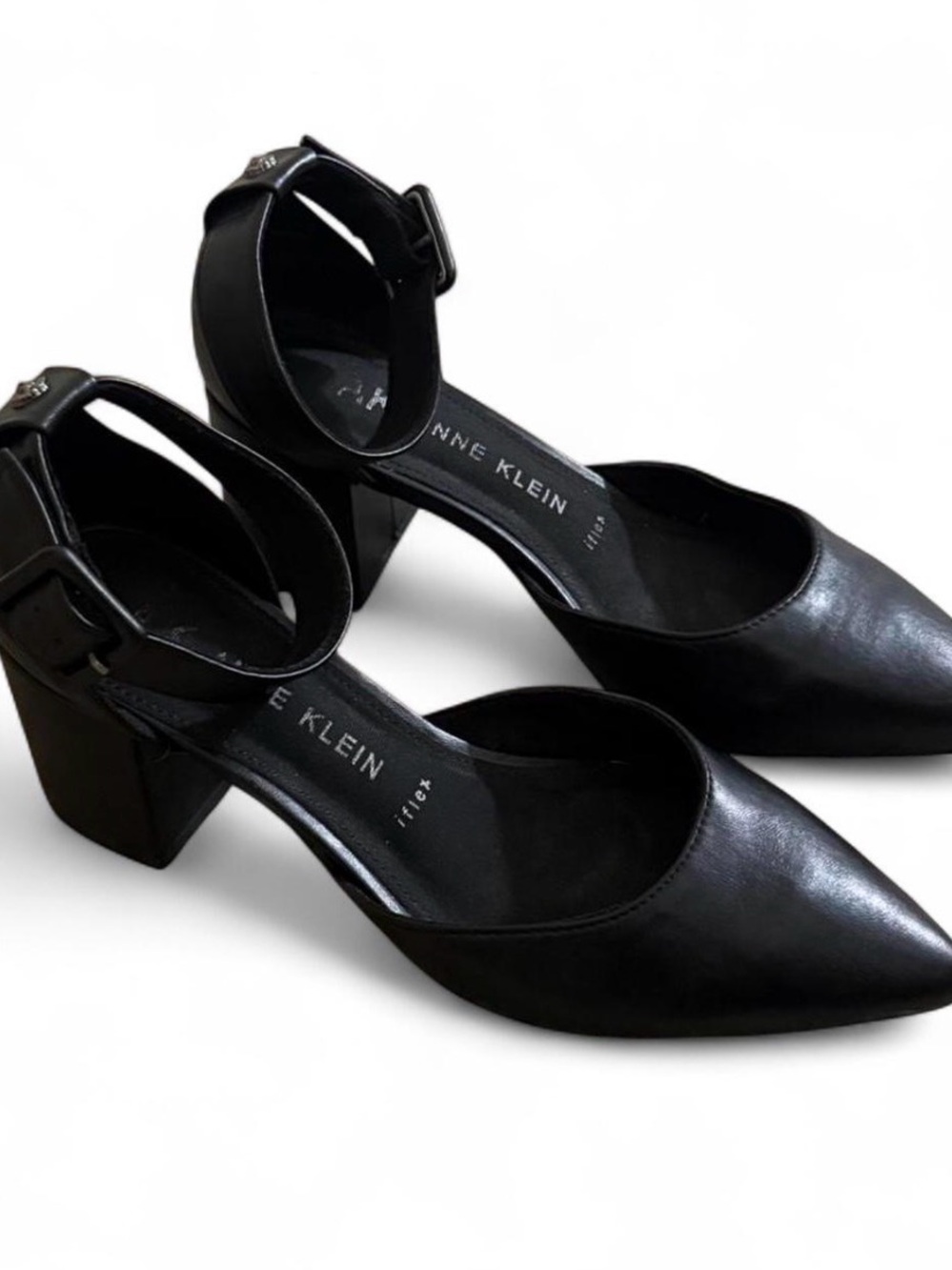 Anne Klein Black Pointed Block Heel Ankle-Strap Pumps